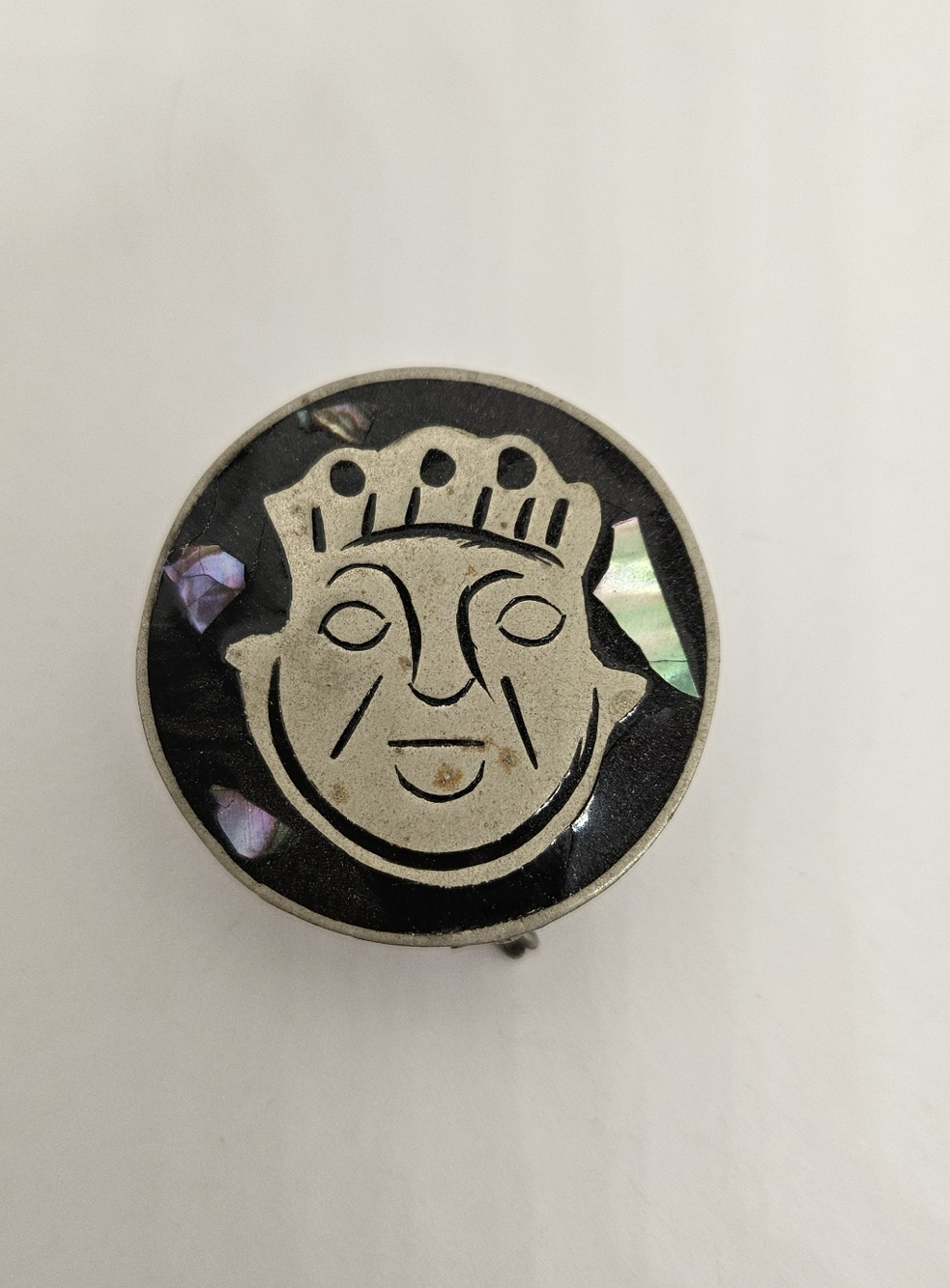 Trinket Pill Box Alpaca Silver Hecho En Mexico Abalone Aztec Sun God Warrior
